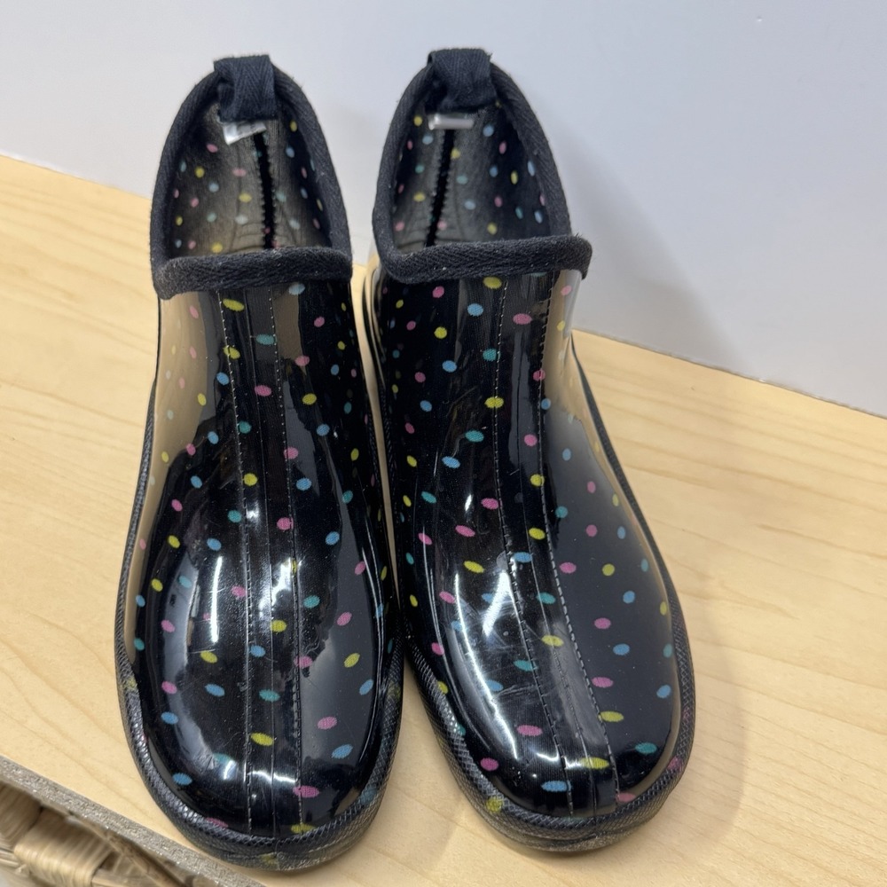 Capelli New York Rain Ankle Boots Size 7, Shiny Black w Colorful Polka Dots
